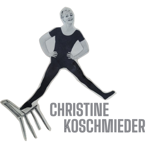 Logo Webseite: Collage mit Person, die auf Stuhl balanciert und Schriftzug: Christine Koschmieder